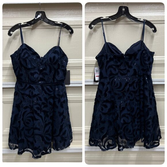 City Studio Womens Juniors Sz 3/4 Sequined Short Fit Flare Dress Navy - Picture 2 of 10